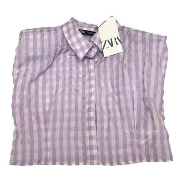 Zara Gingham Crop Top Button Down Blouse Shoulder Pads‎ Bright Pastel - Picture 2 of 11